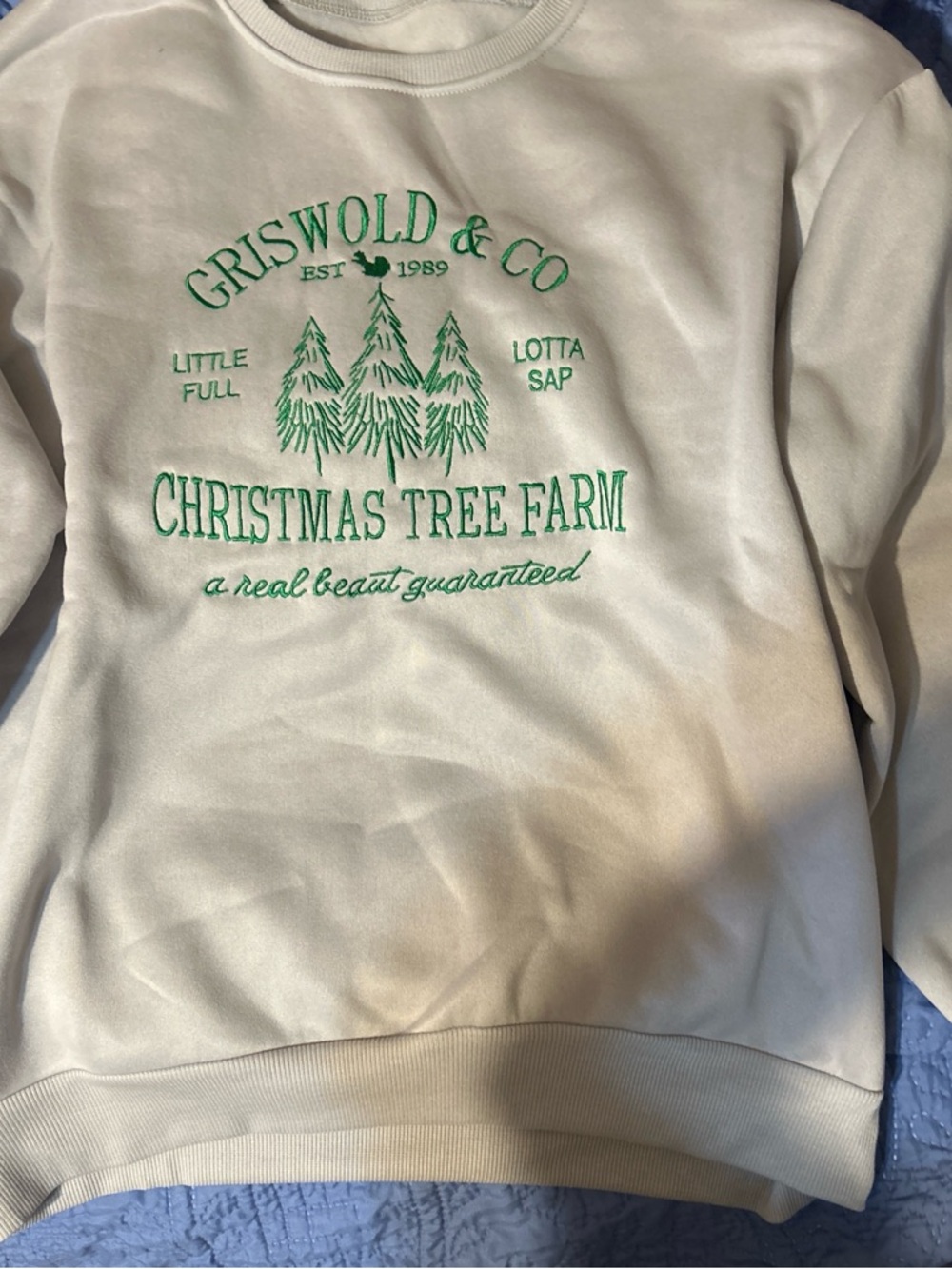 SHEIN Cream Sweatshirt with Green Christmas Tree Farm Graphic